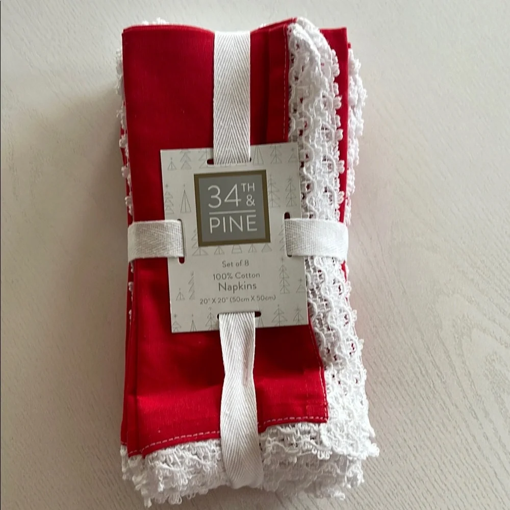 34th & Pine 100% Cotton Cloth Napkins Red with White Lace Trim, Set of 8